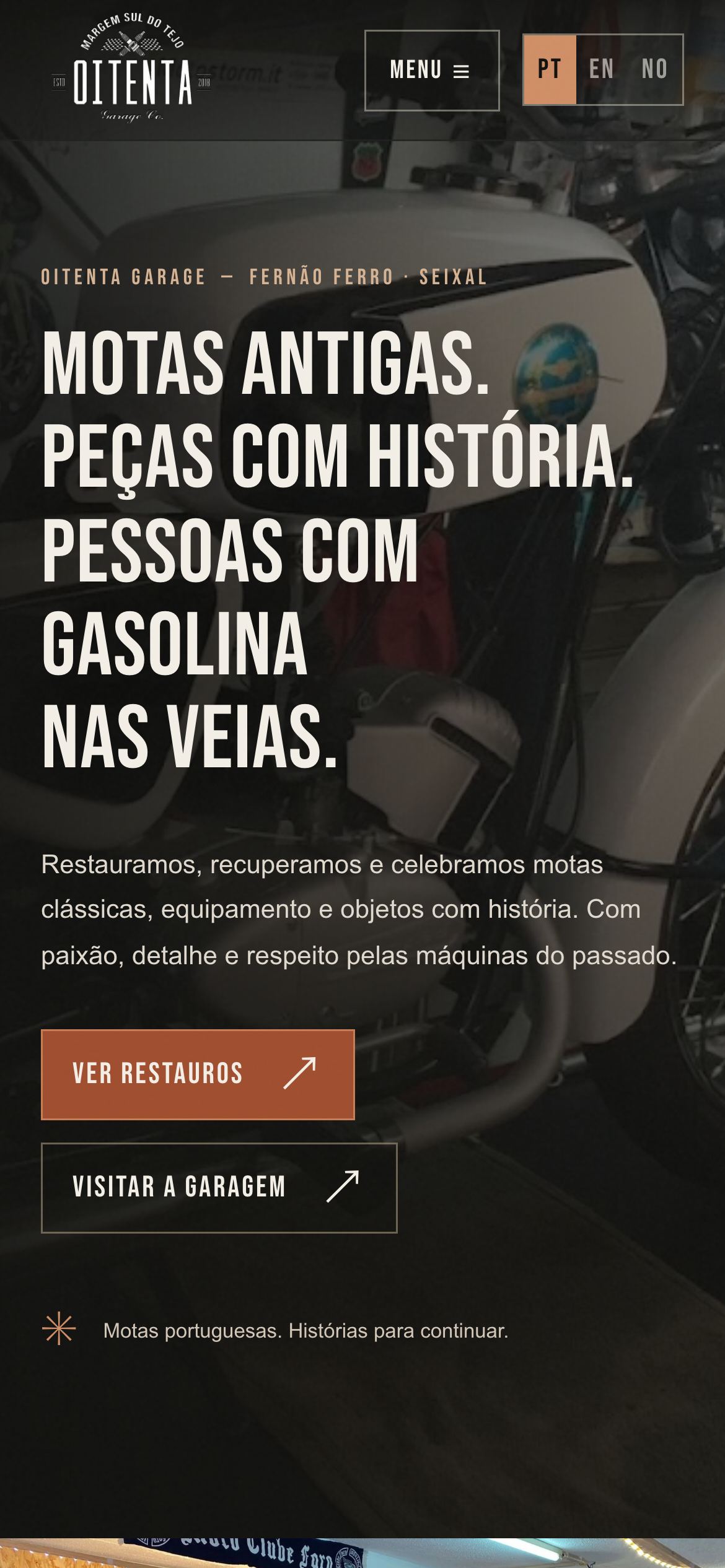 Página inicial do website Oitenta Garage num telemóvel